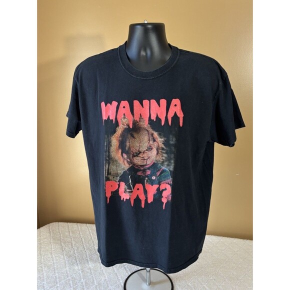 Chucky Doll Wanna Play Horror Movie Series Graphic Black Shirt Men’s Size L - Picture 2 of 16